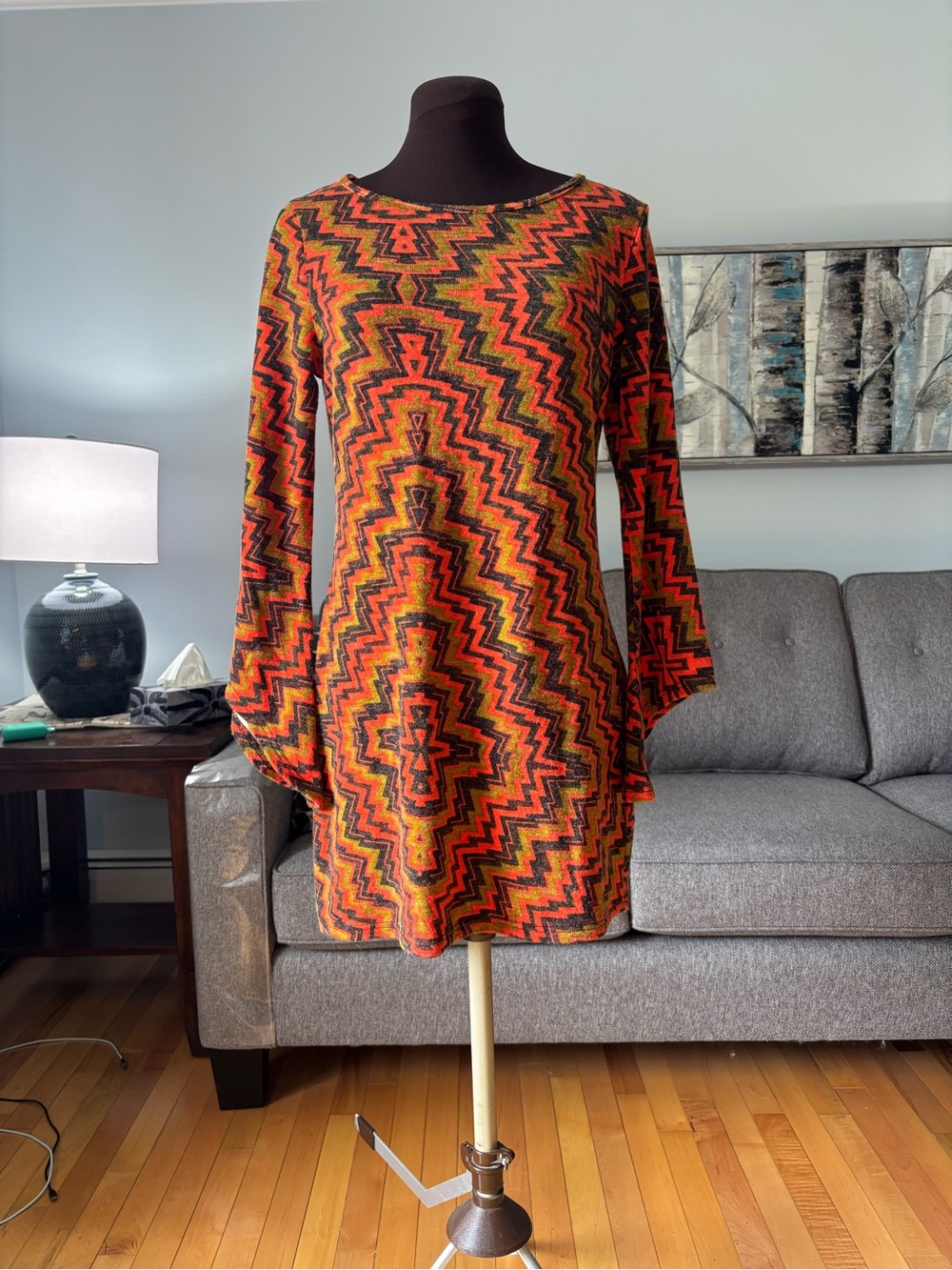 Aryeh Long-Sleeve Zigzag Shift Dress in Orange and Red
